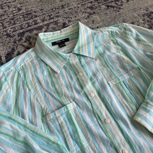 Y2K Lightweight Cotton Blend Blue Green Silver & White Striped Button Down Sz 14